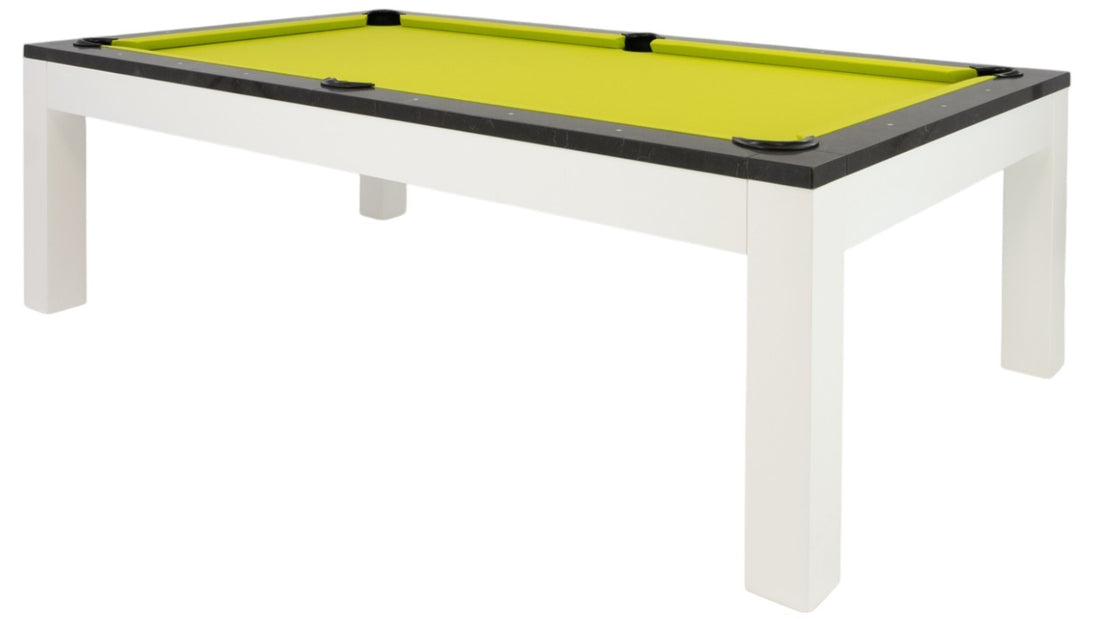 Legacy Billiards Baylor II Pool Table with Night Stone Rails and Frost White Finish Cabinet and Legs with Lime Green Cloth