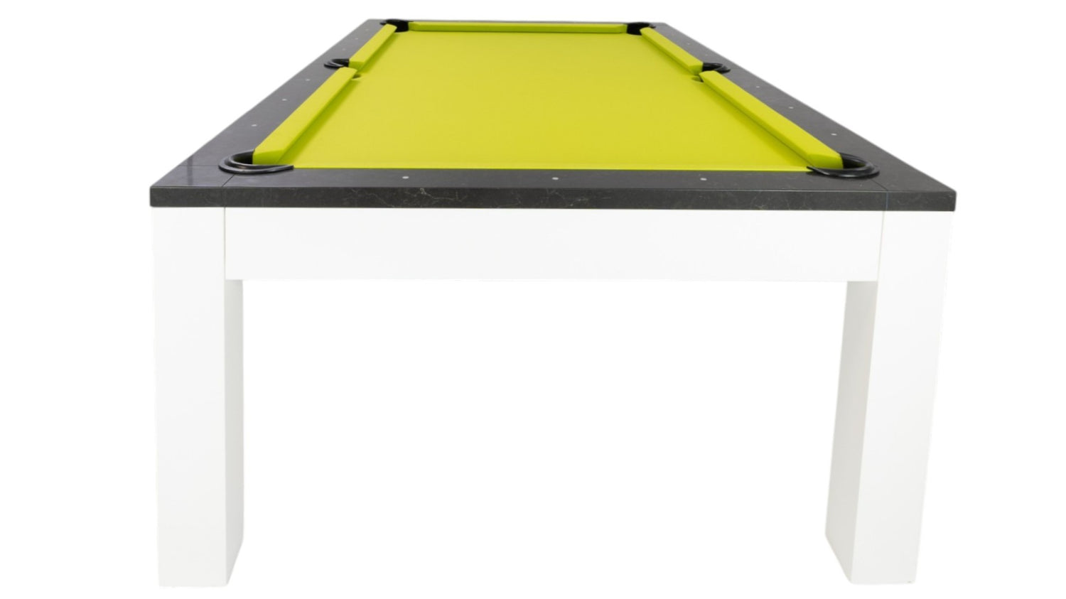 Legacy Billiards Baylor II Pool Table with Night Stone Rails and Frost White Finish Cabinet and Legs with Lime Green Cloth - End View