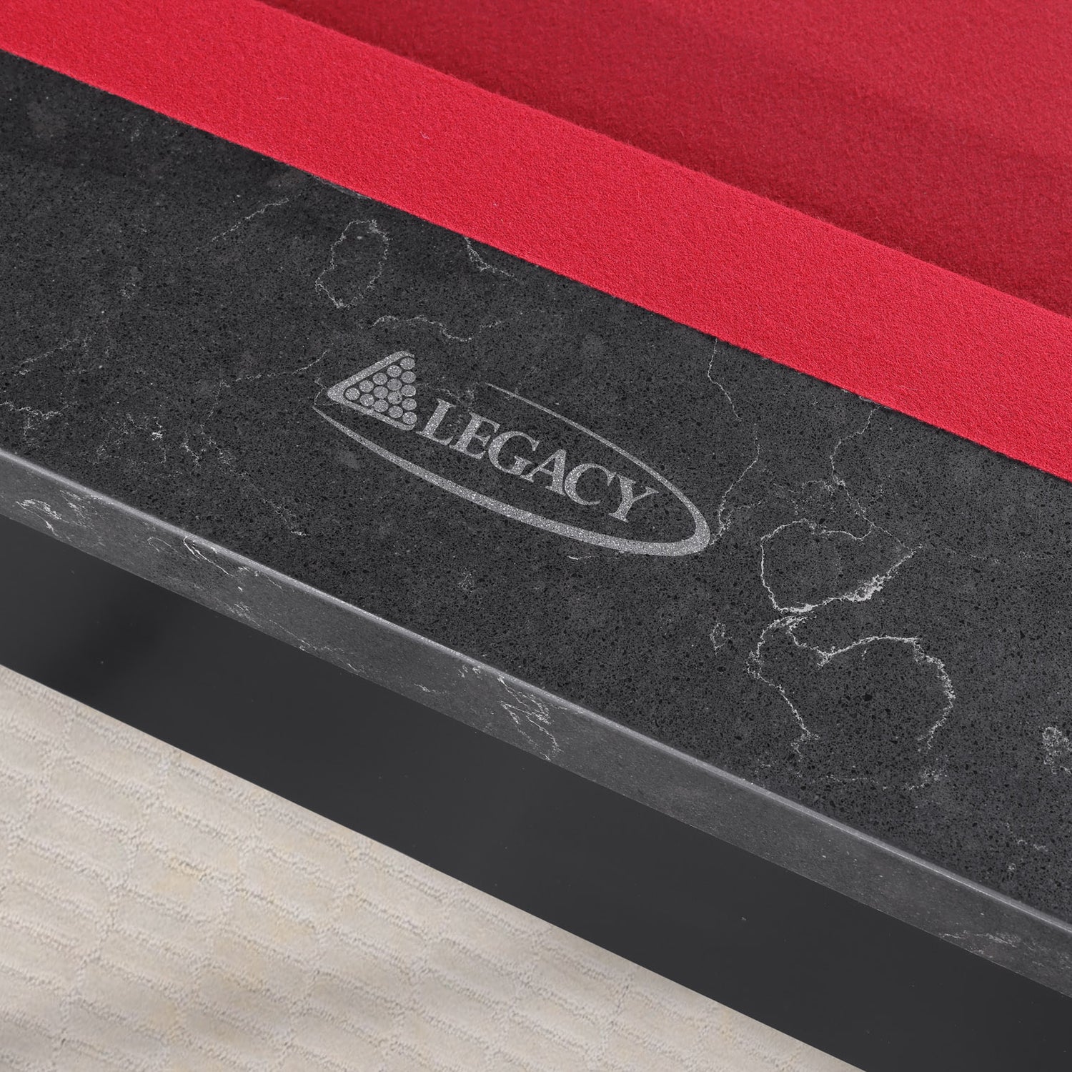 Legacy Billiards Baylor II Pool Table with Night Stone Rails with Red Cloth - Rail Closeup