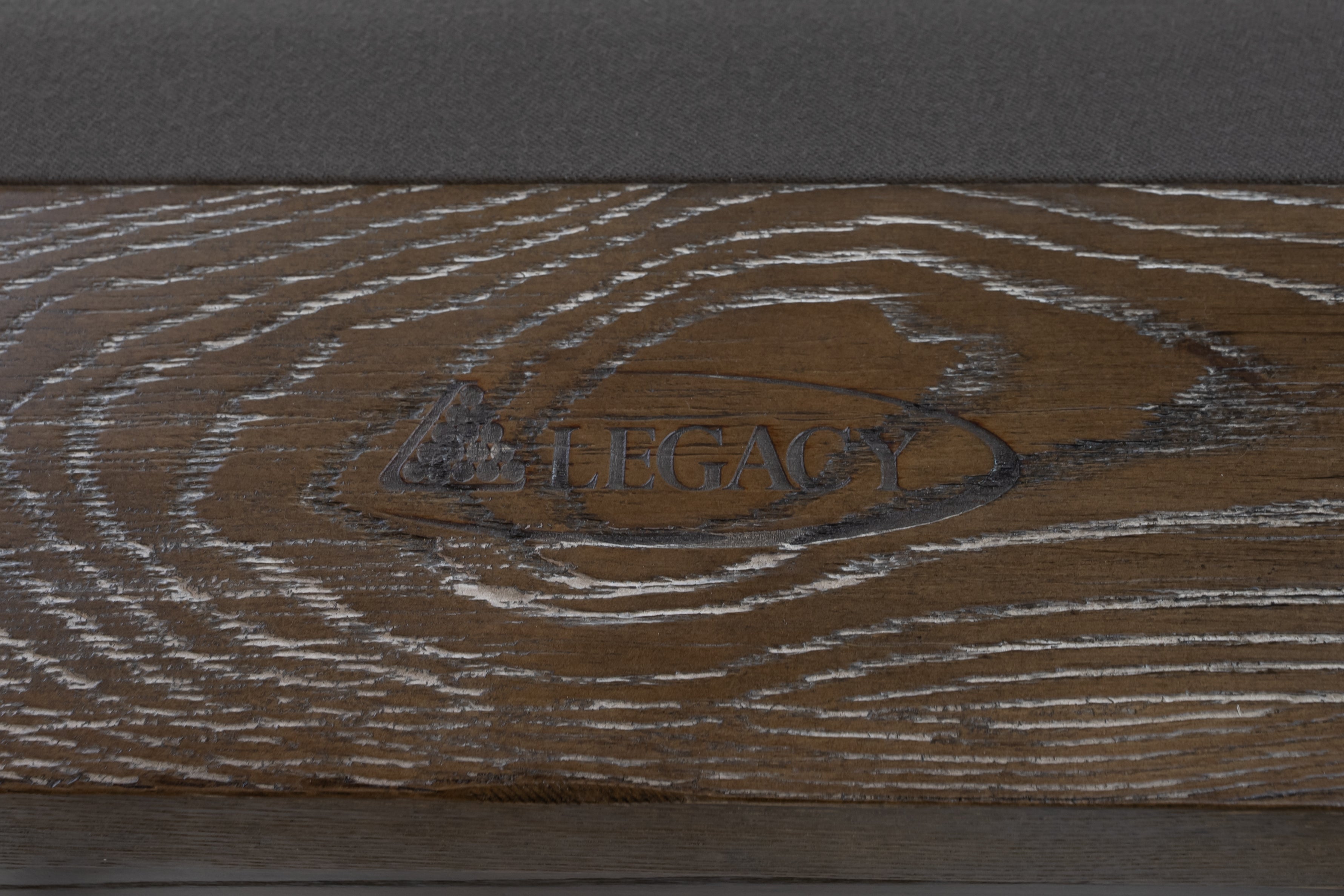 Legacy Billiards 8 Ft Baylor II Pool Table in Smoke Finish with Grey Cloth Rail Logo Closeup