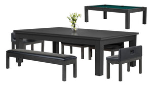 Legacy Billiards Baylor II Pool Table Dining Collection with Dining Top and Seating in Raven Finish with Dark Green Cloth