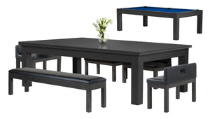 Legacy Billiards Baylor II Pool Table Dining Collection with Dining Top and Seating in Raven Finish with Euro Blue Cloth