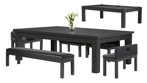 Legacy Billiards Baylor II Pool Table Dining Collection with Dining Top and Seating in Raven Finish with Grey Cloth