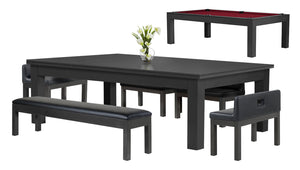 Legacy Billiards Baylor II Pool Table Dining Collection with Dining Top and Seating in Raven Finish with Legacy Red Cloth