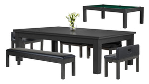 Legacy Billiards Baylor II Pool Table Dining Collection with Dining Top and Seating in Raven Finish with Traditional Green Cloth