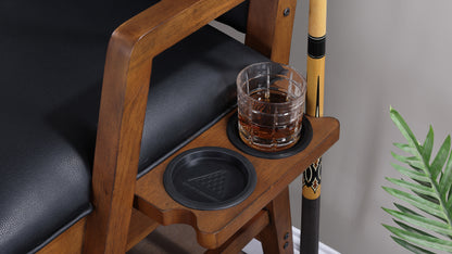 Legacy Billiards Baylor Storage Spectator Bench in Walnut Finish - Drink Holder Closeup