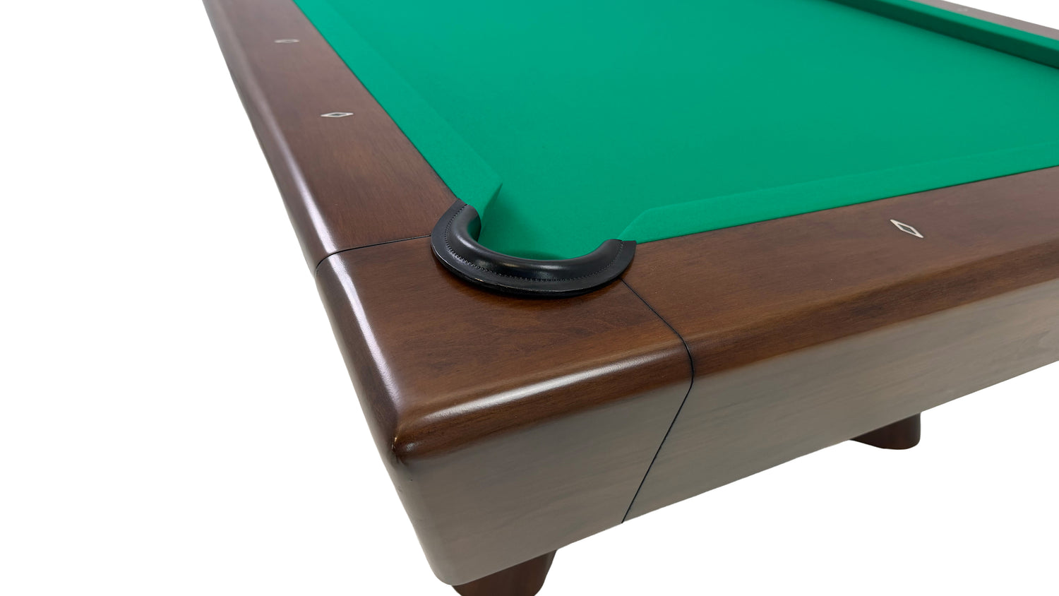 Legacy Billiards Caney Pool Table in Nutmeg Finish with Green Cloth - Corner Closeup