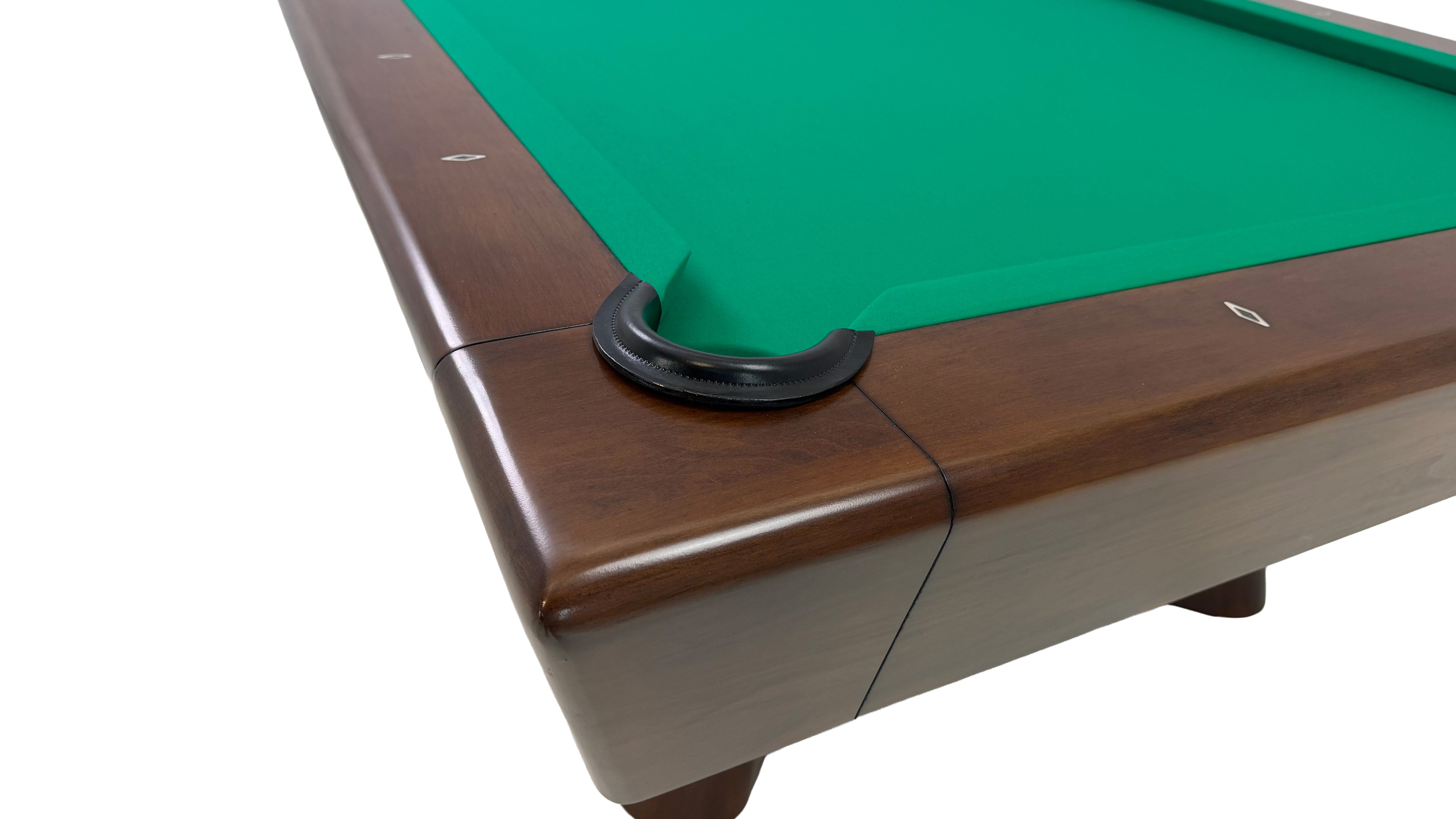 Legacy Billiards Caney Pool Table in Nutmeg Finish with Green Cloth - Corner Closeup