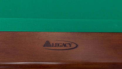 Legacy Billiards Caney Pool Table in Nutmeg Finish with Green Cloth - Rail Logo Closeup