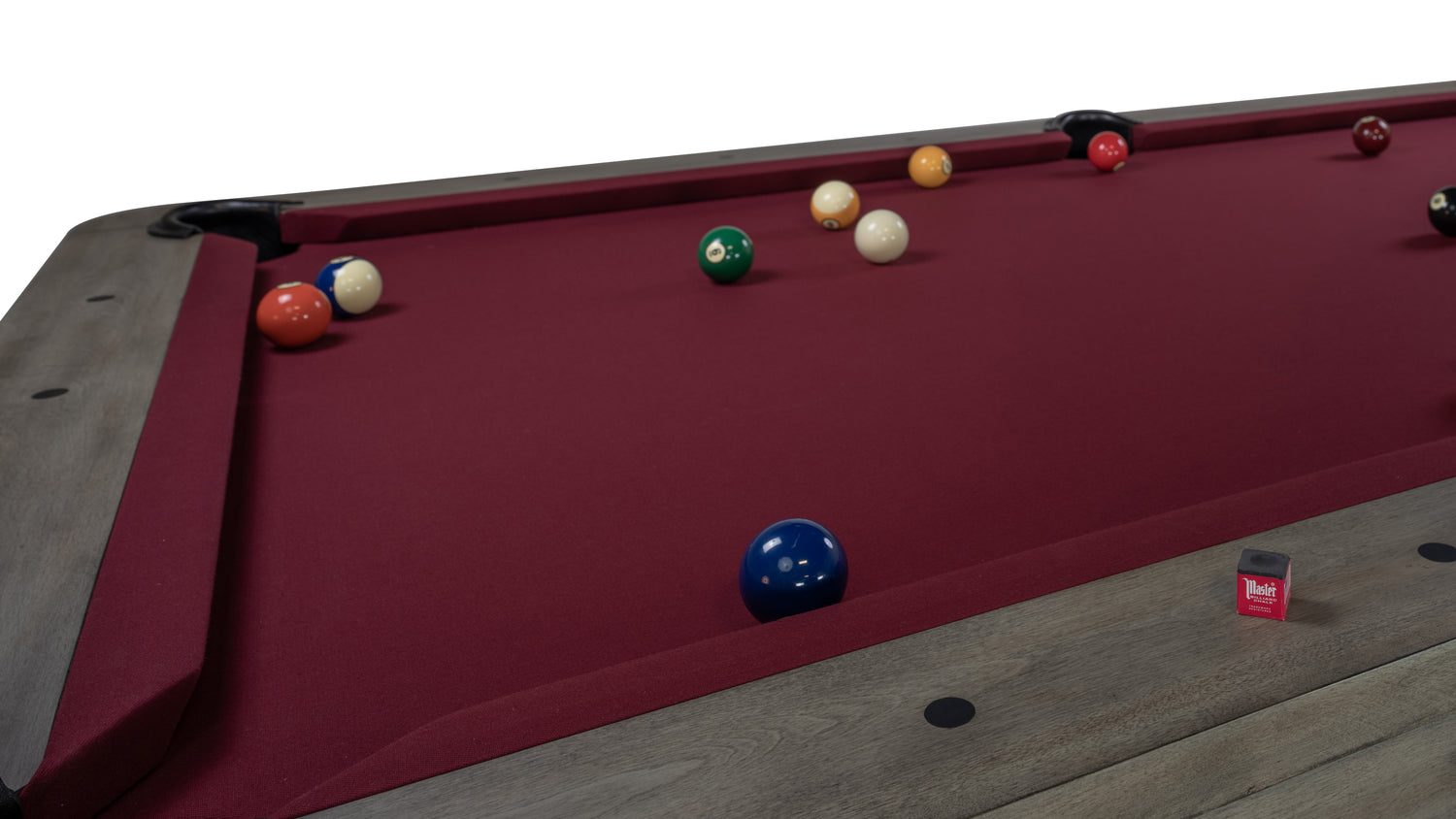 Legacy Billiards Collins Pool Table in Overcast Finish with Wine Cloth - Top Corner View