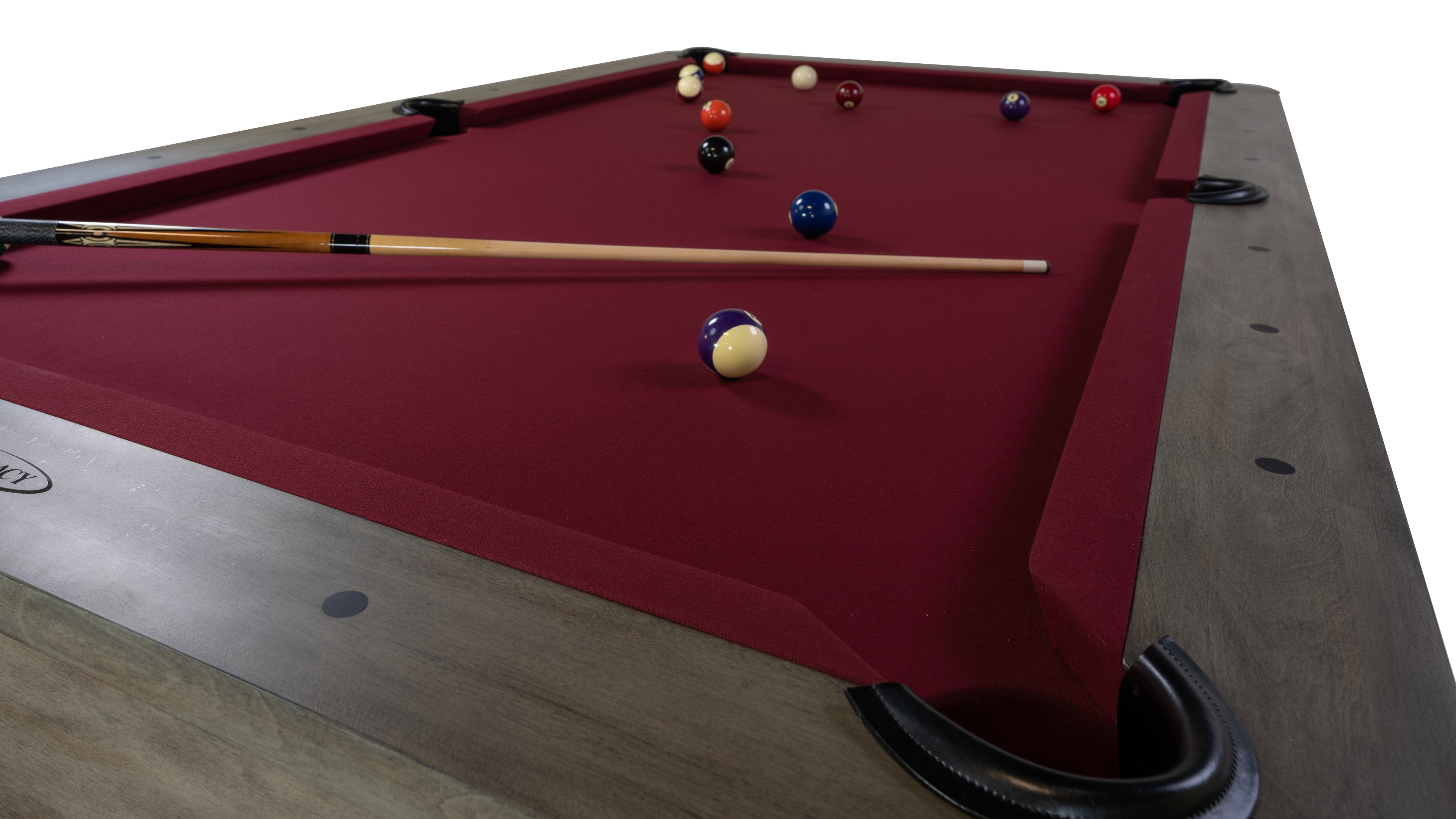 Legacy Billiards Collins Pool Table in Overcast Finish with Wine Cloth - Angle Playfield View