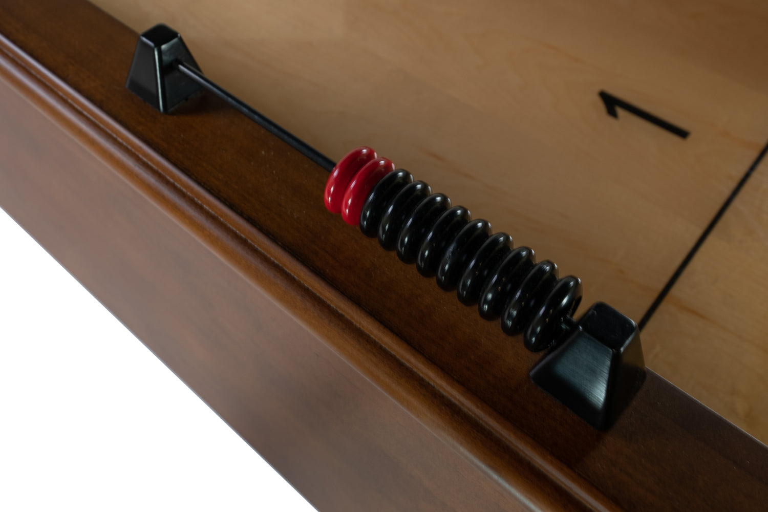Legacy Billiards Collins 9 Ft Shuffleboard in Nutmeg Finish Red Scorer Closeup