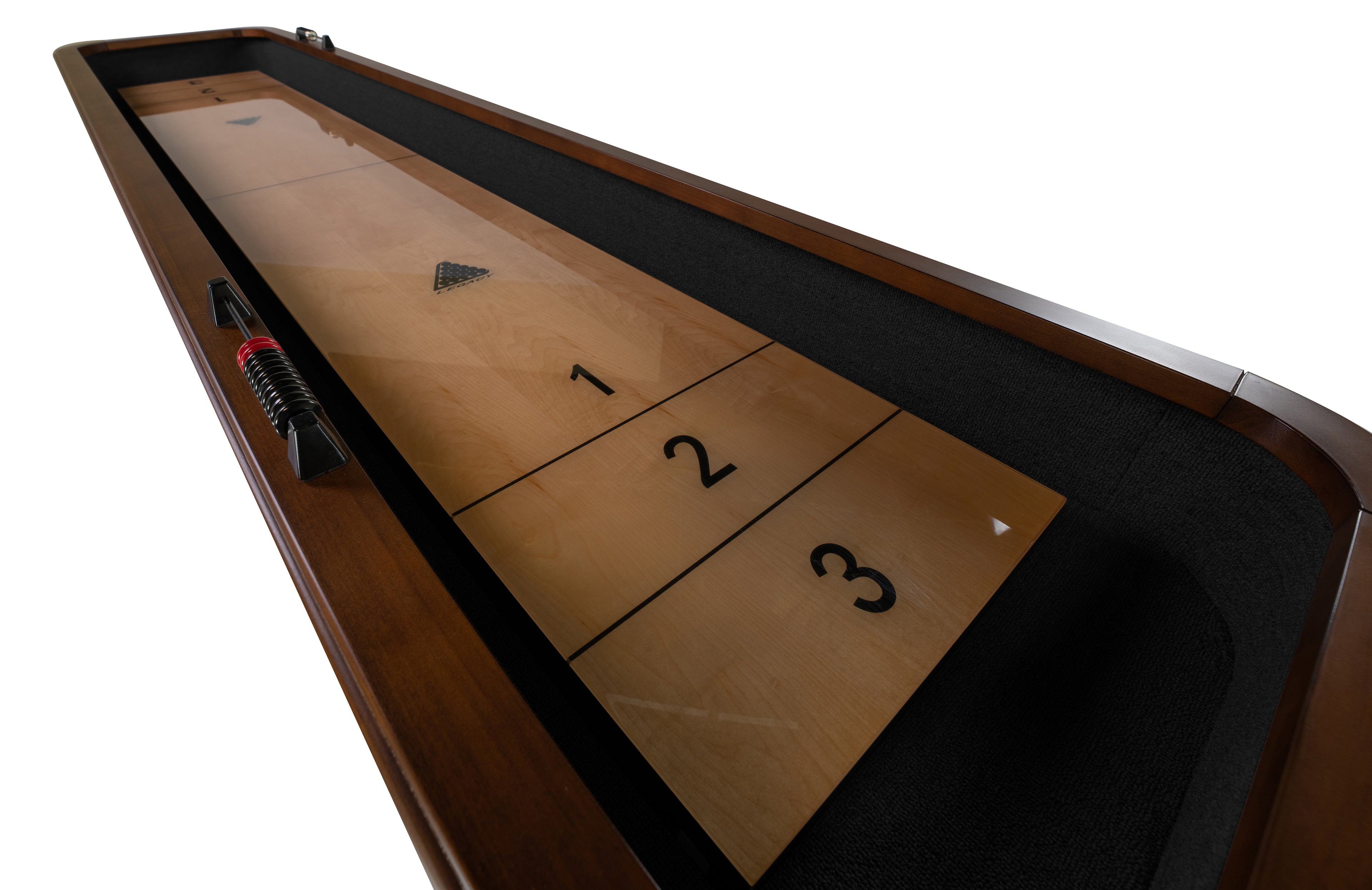 Legacy Billiards Collins 14 Ft Shuffleboard in Nutmeg Finish Top Corner View