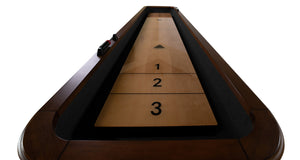 Legacy Billiards Collins 9 Ft Shuffleboard in Nutmeg Finish Top End View