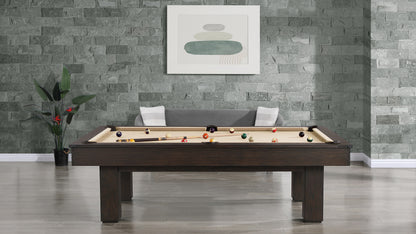 Legacy Billiards Colt II Pool Table in Whiskey Barrel Finish with Desert Cloth Rustic Room Scene - Side View