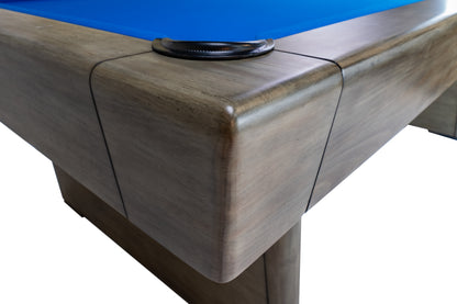 Legacy Billiards Conasauga 8 Ft Pool Table in Overcast Finish with Euro Blue Cloth Corner Closeup