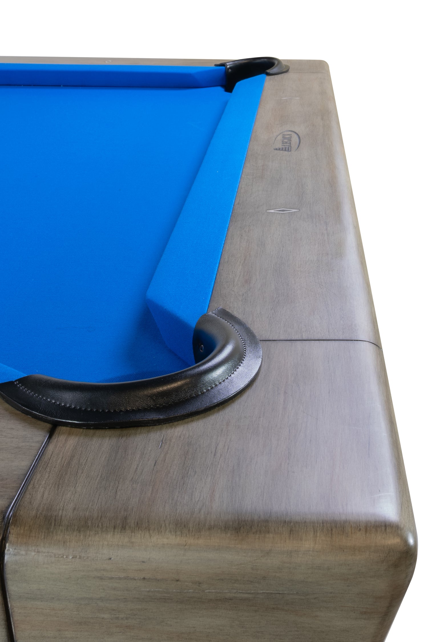 Legacy Billiards Conasauga 8 Ft Pool Table in Overcast Finish with Euro Blue Cloth Rail Closeup