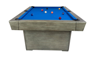 Legacy Billiards Conasauga 8 Ft Pool Table in Overcast Finish with Euro Blue Cloth End View with Pool Balls