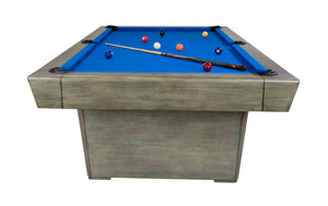 Legacy Billiards Conasauga 8 Ft Pool Table in Overcast Finish with Euro Blue Cloth End View with Pool Balls and Cue