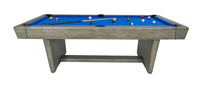 Legacy Billiards Conasauga 8 Ft Pool Table in Overcast Finish with Euro Blue Cloth Side View with Pool Balls and Cue