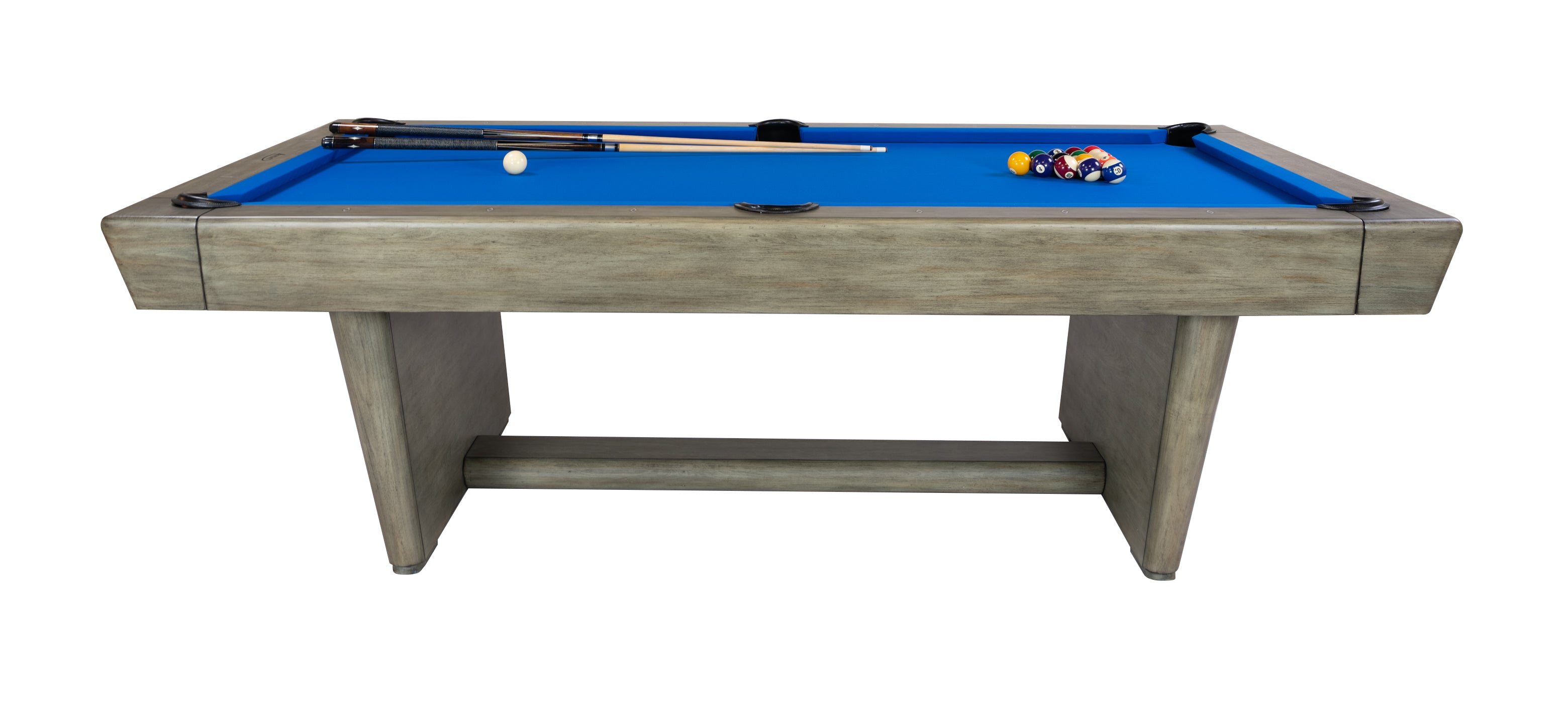 Legacy Billiards Conasauga 8 Ft Pool Table in Overcast Finish with Euro Blue Cloth with Racked Pool Balls and Cues