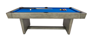 Legacy Billiards Conasauga 8 Ft Pool Table in Overcast Finish with Euro Blue Cloth with Racked Pool Balls and Cues