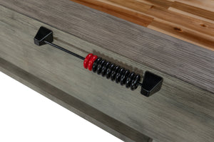 Legacy Billiards Cumberland 12 Ft Outdoor Shuffleboard in Ash Grey Finish Red Abacus Scorer Closeup