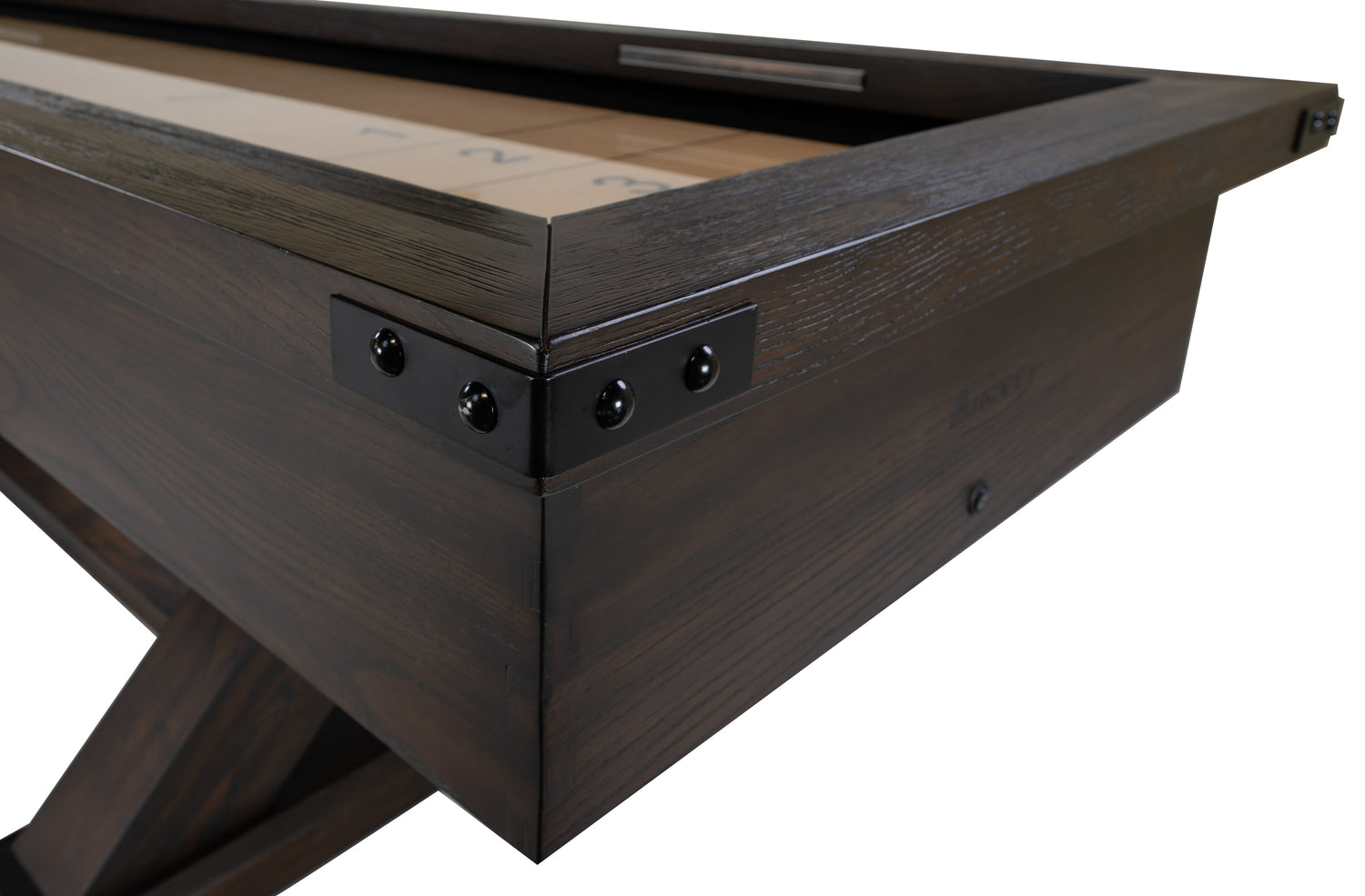 Legacy Billiards Cumberland 12 Ft Shuffleboard in Whiskey Barrel Finish Corner Closeup