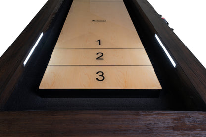 Legacy Billiards Cumberland 12 Ft Shuffleboard in Whiskey Barrel Finish End View Closeup