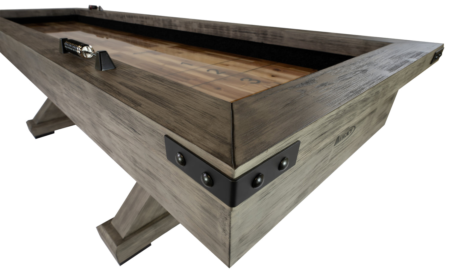 Legacy Billiards Cumberland 9 Ft Outdoor Shuffleboard Table in Ash Grey Finish Corner Closeup