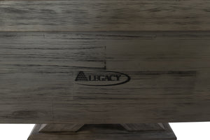 Legacy Billiards Cumberland 9 Ft Outdoor Shuffleboard Table in Ash Grey Finish Logo Closeup