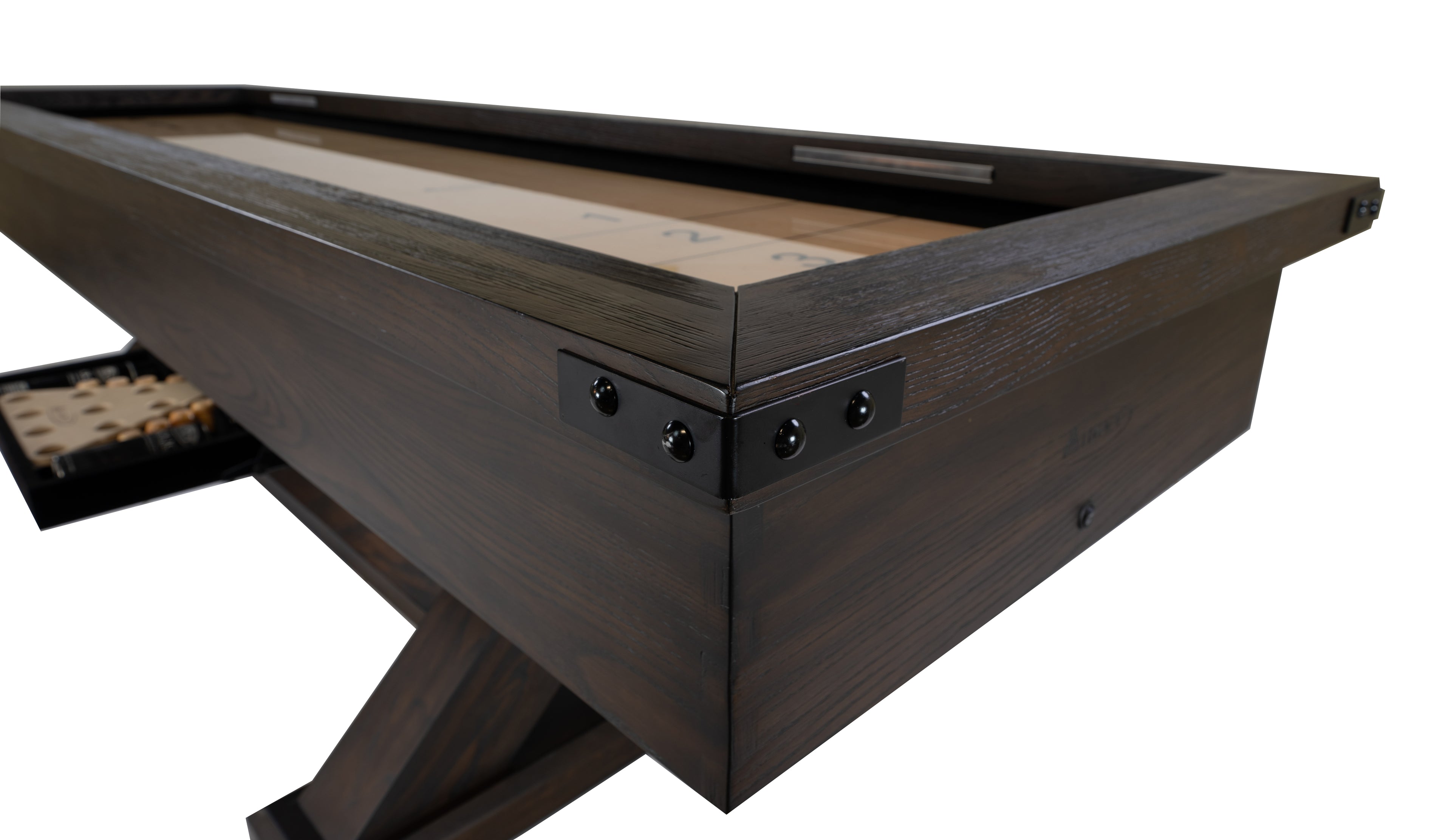 Legacy Billiards Cumberland 9 Ft Shuffleboard in Whiskey Barrel Finish Corner Closeup