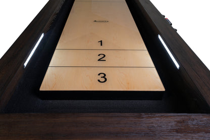 Legacy Billiards Cumberland 9 Ft Shuffleboard in Whiskey Barrel Finish End View Closeup