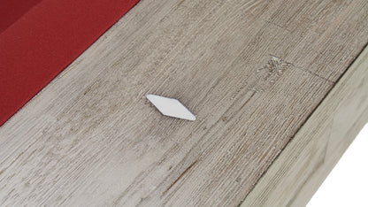 Legacy Billiards 7 Ft Cumberland Outdoor Pool Table in Ash Grey Finish with Jockey Red Outdoor Cloth - Rail Site Closeup