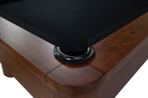 Legacy Billiards Dillard 7 Ft Pool Table in Walnut Finish with Black Cloth Corner Closeup