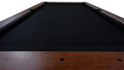 Legacy Billiards Dillard Pool Table in Nutmeg Finish with Black Cloth End View Closeup
