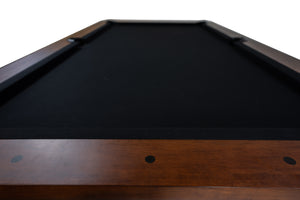 Legacy Billiards Dillard 7 Ft Pool Table in Walnut Finish with Black Cloth End View Closeup