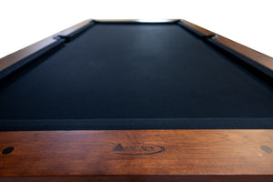 Legacy Billiards Dillard 7 Ft Pool Table in Walnut Finish with Black Cloth End View with Logo Closeup