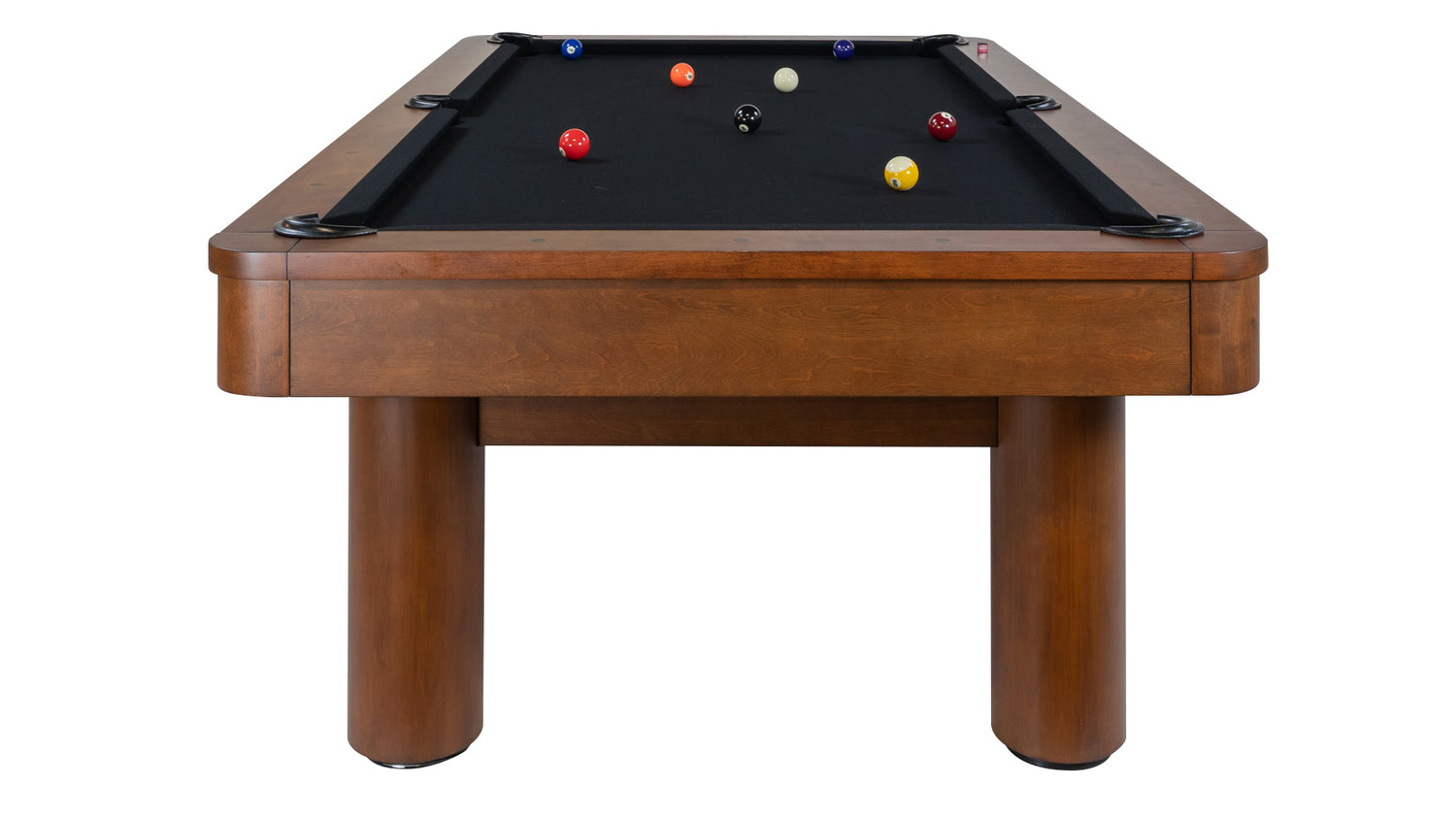 Legacy Billiards Dillard Pool Table in Nutmeg Finish with Black Cloth End View with Pool Balls