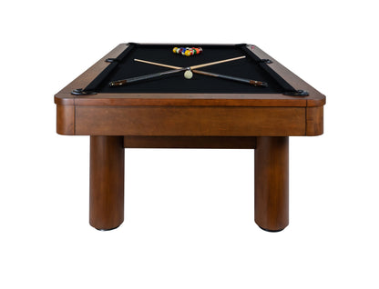 Legacy Billiards Dillard 7 Ft Pool Table in Walnut Finish with Black Cloth End View with Racked Pool Balls and Cues