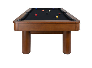Legacy Billiards Dillard 7 Ft Pool Table in Walnut Finish with Black Cloth End View with Pool Balls
