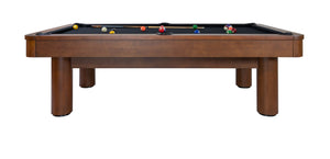 Legacy Billiards Dillard 7 Ft Pool Table in Walnut Finish with Black Cloth Side View with Pool Balls
