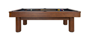 Legacy Billiards Dillard 7 Ft Pool Table in Walnut Finish with Black Cloth Side View with Racked Pool Balls