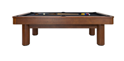 Legacy Billiards Dillard 7 Ft Pool Table in Walnut Finish with Black Cloth Side View with Racked Pool Balls