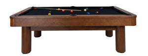 Legacy Billiards Dillard 7 Ft Pool Table in Walnut Finish with Black Cloth Side View with Pool Balls and Cue