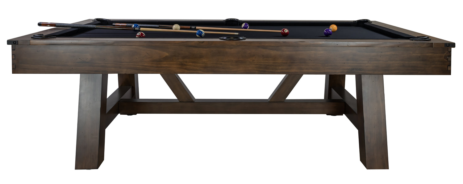 Legacy Billiards Emory 8 Ft Pool Table in Gunshot Finish Side View with Pool Balls and Cues