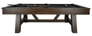 Legacy Billiards Emory 8 Ft Pool Table in Gunshot Finish Side View with Pool Balls and Cues