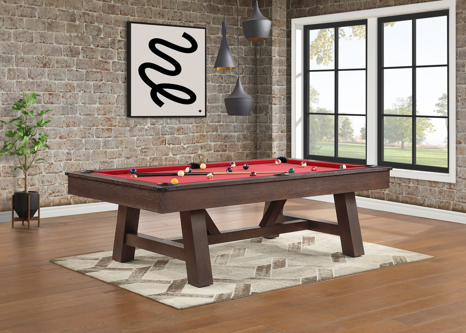 Legacy Billiards Emory Pool Table in Whiskey Barrel Finish Room Scene - Angle View with Pool Balls