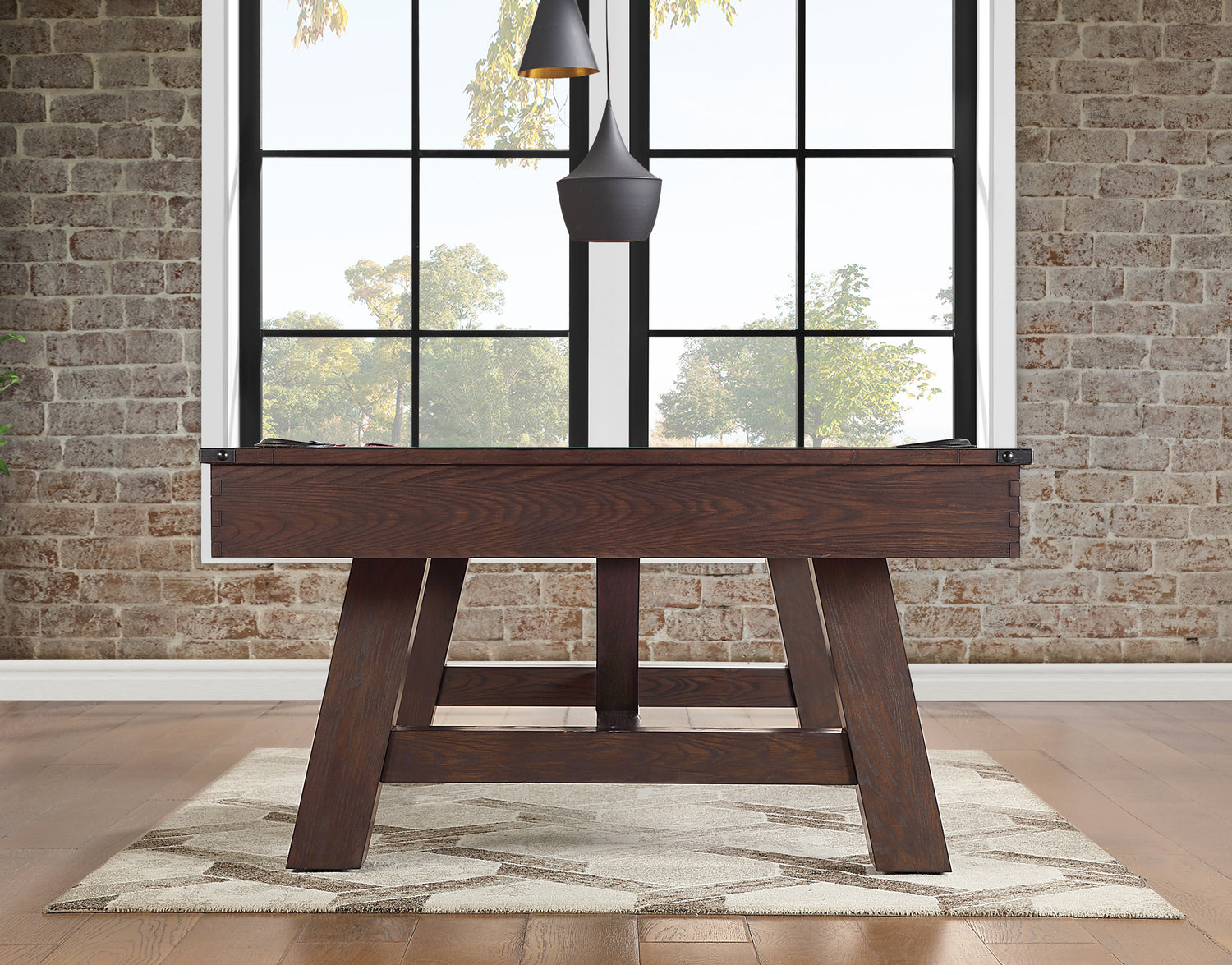 Legacy Billiards Emory Pool Table in Whiskey Barrel Finish Room Scene - End View Floor Level