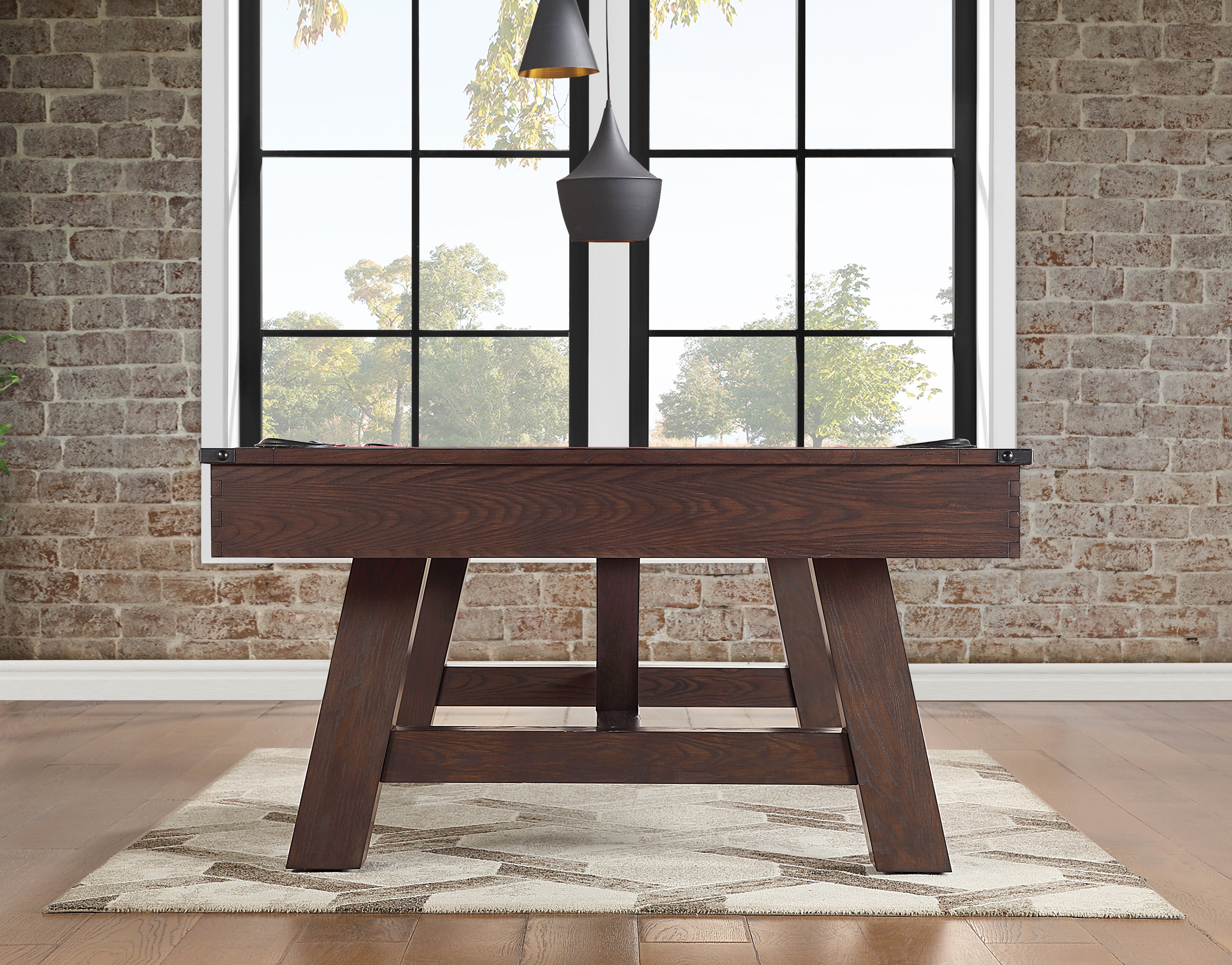 Legacy Billiards Emory Pool Table in Whiskey Barrel Finish Room Scene - End View Floor Level